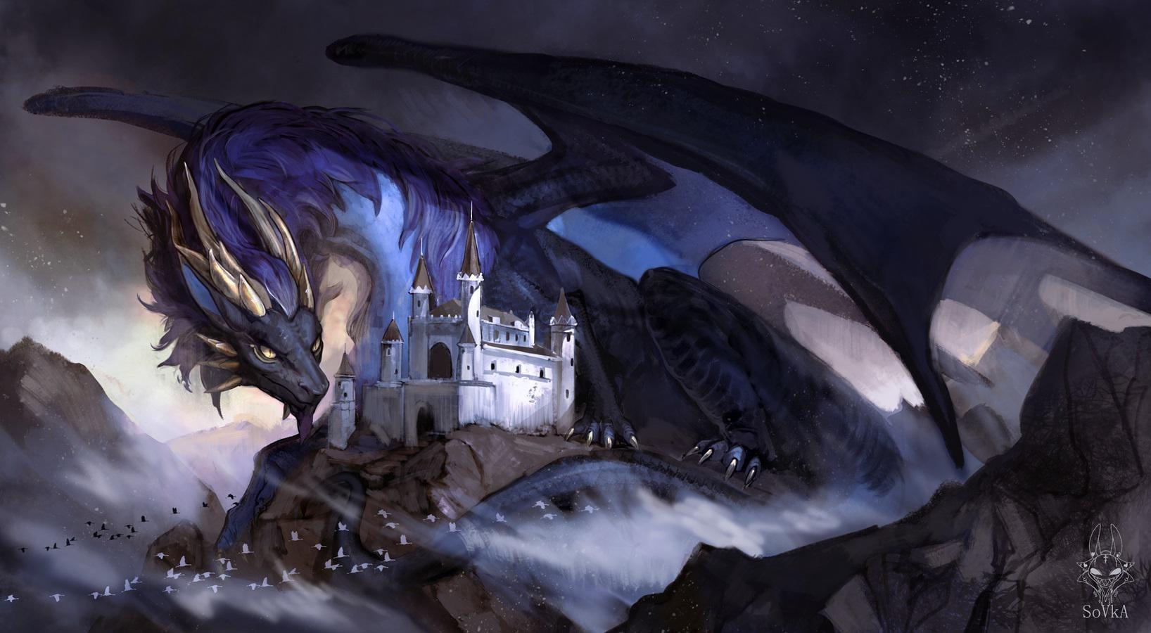 A giant purple dragon with ivory-coloured guarding zir a castle on a mountain top. The sky is overcast and appears to be in the twilight hours of the day.
A flock of birds can be seen flying nearby.