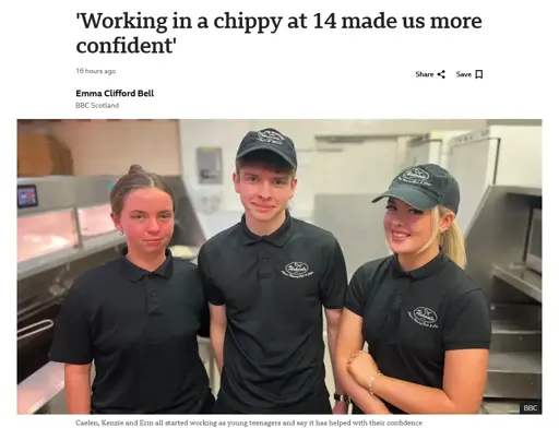 A BBC article with the title 'Working in a chippy at 14 made us more confident'. An image of two young women and one young man (centre) in their chip shop uniforms of a black polo shirt and trousers and a skip cap smile for the camera. They are standing beside the fat fryers and food prep area, all in stainless steel.