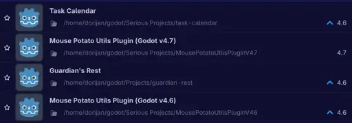 A partial screenshot of the Godot 4.7 dev 5 editor, with projects made in earlier versions having an "up" arrow next to their version.