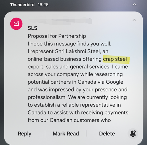 email from Shri Laksmi Steel offering "crap steel" export