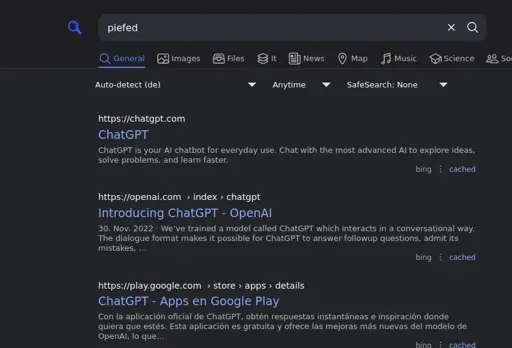 Search result from Searx Belgium for "Piefed" that instead shows multiple results for ChatGPT, with one of them appearing to be in Spanish.