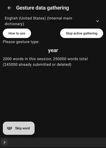 Screenshot of gesture data gathering screen, with the target word being "year," 2,000 words this session, and 250,000 words total.