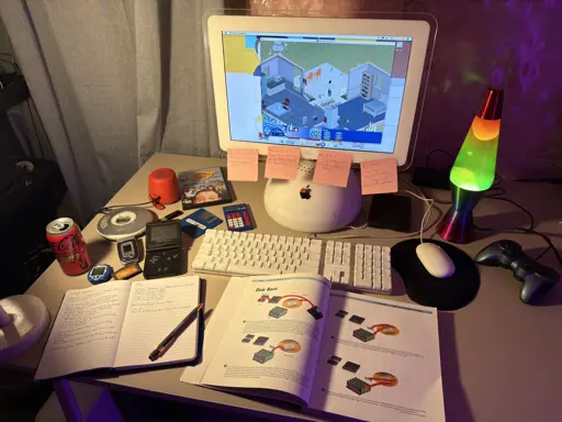 A warmly lit desk staged to look like 2005, with a white iMac G4 in the center running The Sims in a window. Four pink sticky notes with handwritten reminders are stuck along the bottom of the screen. On the desk are a white Apple keyboard and mouse, an open computer textbook showing diagrams about disk boot and memory, and an open notebook with handwritten technical notes and a pen resting on it. To the left are a Coca-Cola can, a portable Sony Discman with a small speaker attached, a Sony Ericsson flip phone, a blue floppy disk, a blue calculator, and a black Game Boy Advance SP with a Shrek 2 cartridge beside it. A DVD of Corner Gas season one is also visible. To the right are a Logitech game controller and a green-yellow lava lamp casting a soft glow. The scene looks like someone was supposed to be studying for computer class but got distracted by playing The Sims instead.