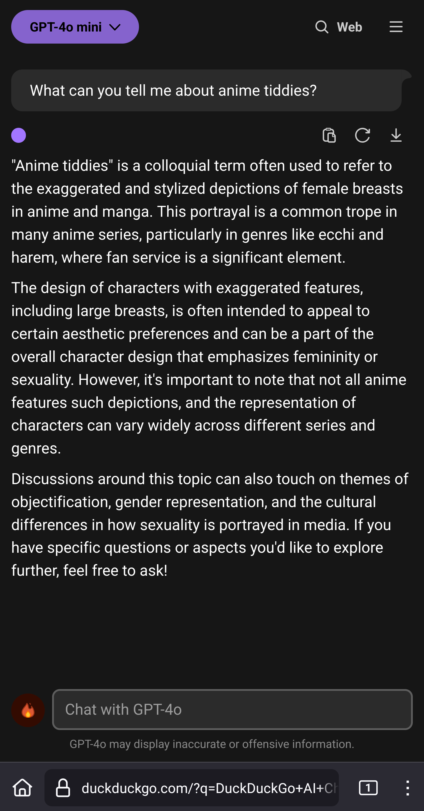 ChatGPT 4o being asked about anime tiddies through DuckDuckGo's proxy