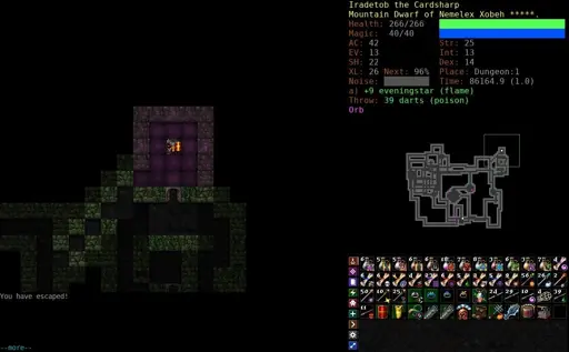 A screenshot of Dungeon Crawl Stone Soup showing my character, a mountain dwarf of Nemelex Xobeh, leaving the Dungeon with the Orb of Zot, thus finishing the game.