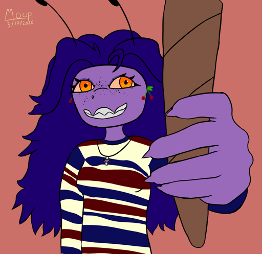 A halfbody drawing of a purple lizard with ant antenna, orange eyes with a red tint, cherry earrings, a cross necklace, and a multicolored striped shirt. She is holding a blunt up to the camera.