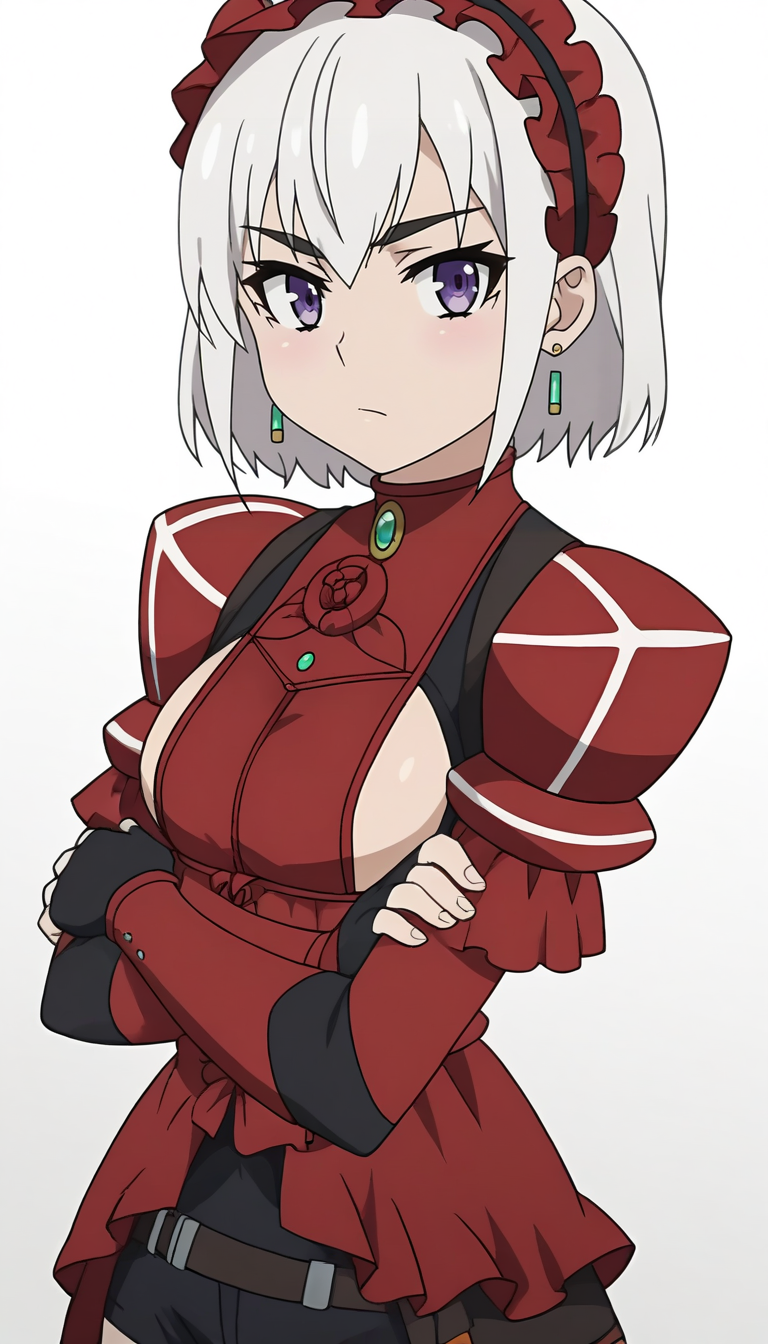 A young woman with white hair and purple eyes. She has a stern expression, with a slight blush on her cheeks. She wears a red and black outfit with puffy shoulders, a high collar, and a red flower brooch. The background is plain white, ensuring focus remains on her.