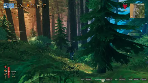 The screen shot depicts a lightly armed and armored viking walking through a desne part of a black forest