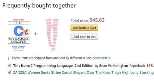 C programming book and Pink thigh highs under frequently bought together suggestion on Amazon