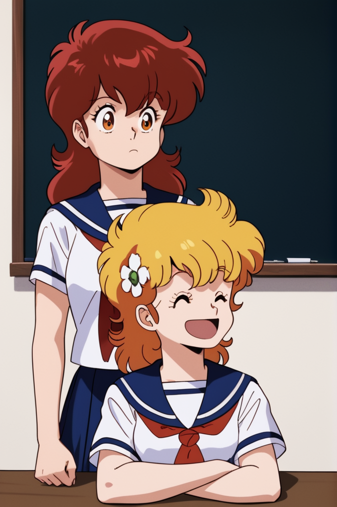 A candid picture of two schoolgirls in a classroom. The girl in the foreground is seated, leaning forward with her arms crossed, and is smiling with her eyes closed. She has short blonde hair adorned with a white flower, and she wears a white sailor-style school uniform with a blue collar and a red neckerchief. The girl standing behind her has a more neutral expression. She has long red hair and wears the same school uniform. The setting is a classroom with a dark green chalkboard in the background.