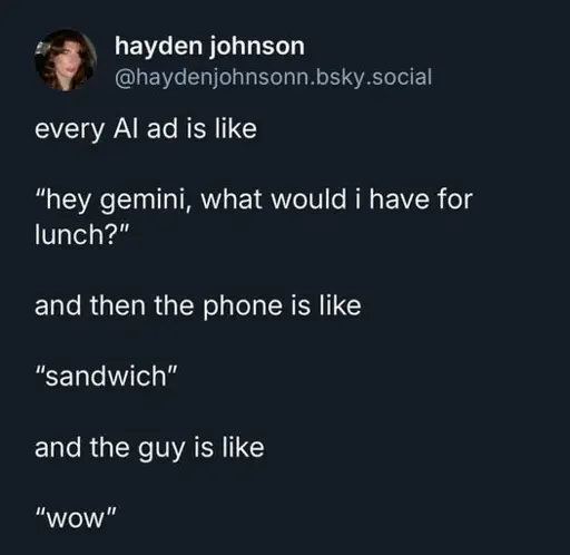 every AI ad is like "hey gemini, what would i have for lunch?" and then the phone is like "sandwich" and the guy is like "wow"