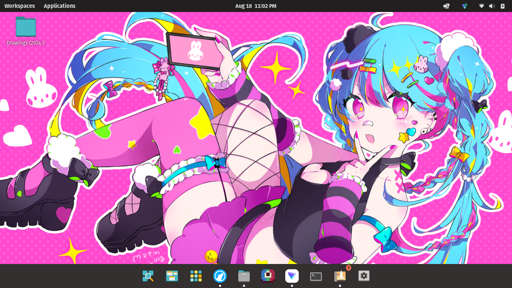 A desktop screenshot of the Pop_OS! with a picture of Hastune Miku as the background