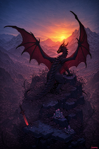 A large dark dragon with spread red wings perched atop ancient stone ruins, facing toward a brilliant, golden-orange sunrise along the horizon between towering mountain peaks. The foreground features a crumbling stone structure, pillars, and scattered debris, with a glowing red sword embedded in the stone ground to the left side of the frame. The lighting transitions dramatically from the warm golden sunrise in the background to deep purple and blue tones in the shadowed foreground, creating strong silhouettes of both the dragon and the ruins. Snow-capped mountain ranges extend across the background on both sides, while the sky displays a gradient from deep blue at the top to bright orange-yellow near the horizon, with visible stars scattered throughout the darker portions of the sky.