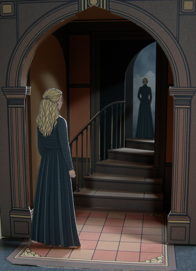 A cardboard diorama of a gothic-style hallway with an arched entrance leading to a staircase. A woman with blonde hair dressed in a dark gown stands at the base of the stairs, looking up at the top of the stairs, where another woman in a similar gown, is visible through the doorway standing against a dim blue sky. 