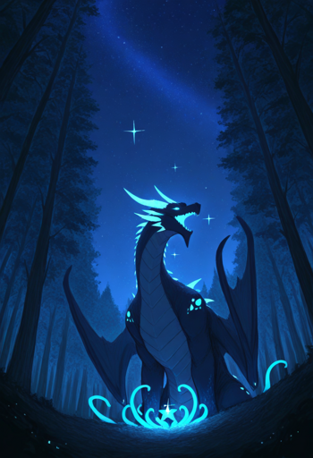 A low angle shot of a glowing dragon rearing its head up with its mouth open and wings folded. The dragon's dark scales are one shade darker than the deep blue night sky, while its horns on its head and spikes on its back and arms glow the same bright cyan-blue as the magical energy swirling around its base. Tall pine trees frame both sides of the composition, creating a natural corridor that leads the eye toward the central action. The night sky displays a rich gradient from deep blue to lighter blue tones, punctuated by several bright stars with distinctive cross-shaped light spikes. 