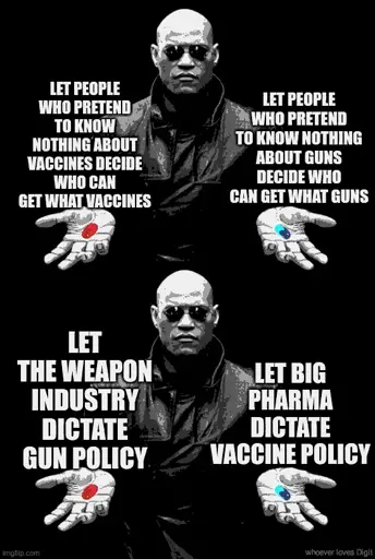 Morpheus from the Matrix offering a red pill or a blue pill, twice across two panels Image text in post.