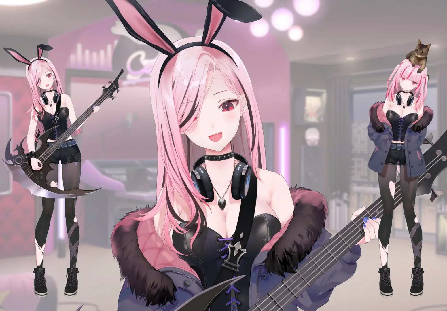 Calliope Mori in a new bunny-girl-based outfit. She's prominently holding a reaping scythe which is also a bass guitar.