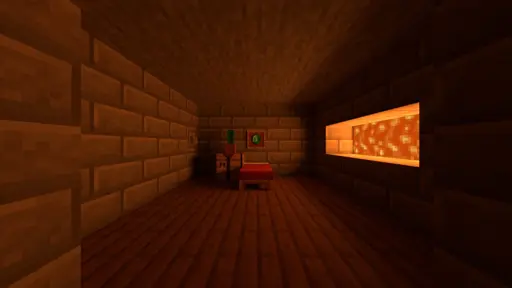 Photo is from minecraft

It displays a red bed in the middle of a stone rock room.

It has a window with lava just outside it, giving the room a cozy yellow glow.

