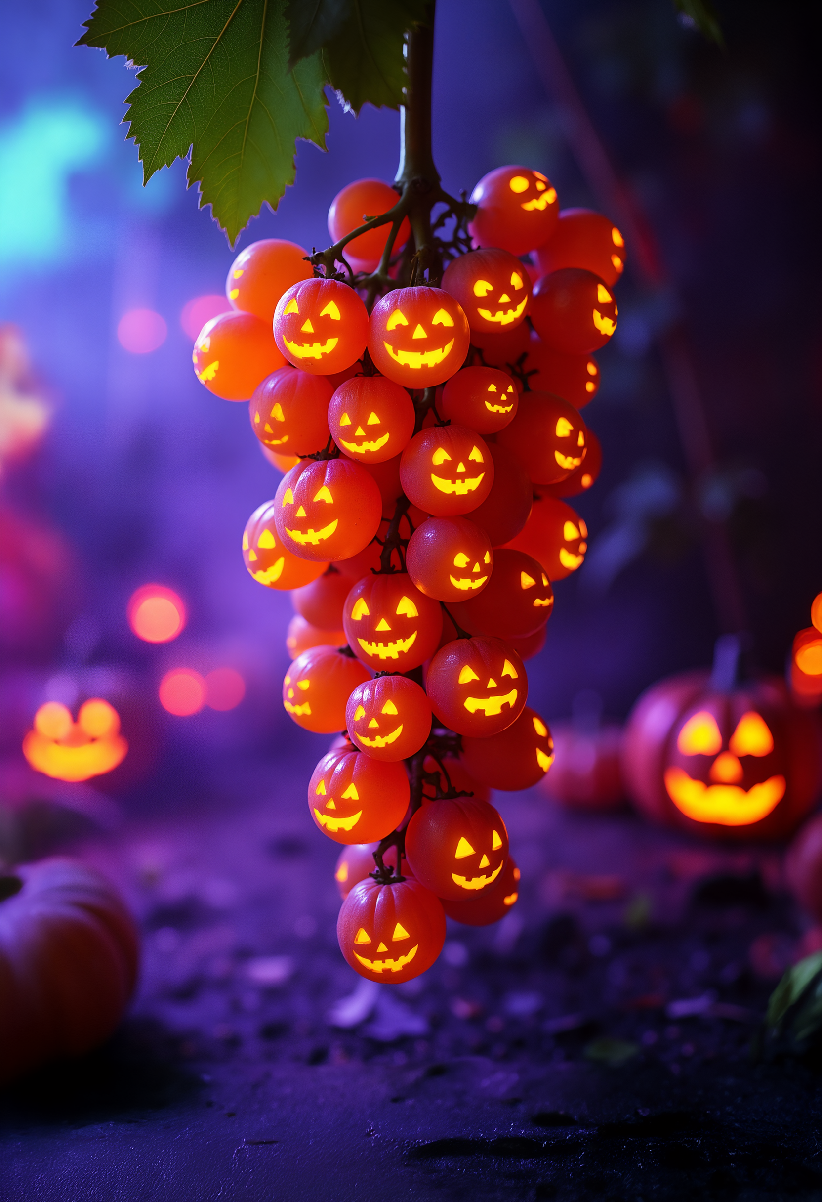 A cluster of grapes hanging from a vine, but each grape resembles a miniature jack-o'-lantern, glowing with an eerie orange light. The background is dark with a purple hue, with more glowing jack-o'-lanterns.