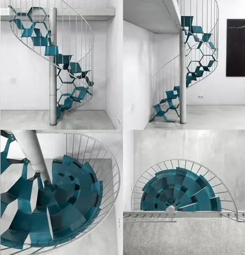 A blue spiral staircase. The steps are hexagonal holes like honeycomb, and alternate between left and right steps. The metal the steps are built of is thin and will destroy your legs if you misstep.