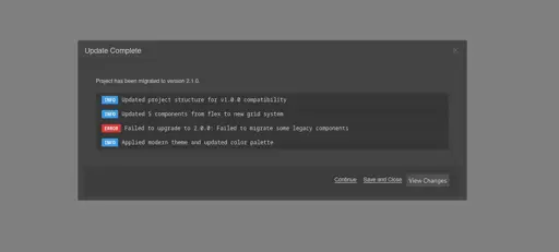 A dialog that shows the user that her site has bee upgraded to the latest version of the website builder