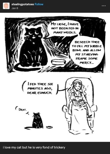 Back cat: "My liege, I have not been fed in many weeks. Beseech thee to fill my kibble bowl and allow my starving frame some mercy..." Said liege answers while reading a book: "I fed thee six minutes ago, dear eunuch." Black cat: "Drat."