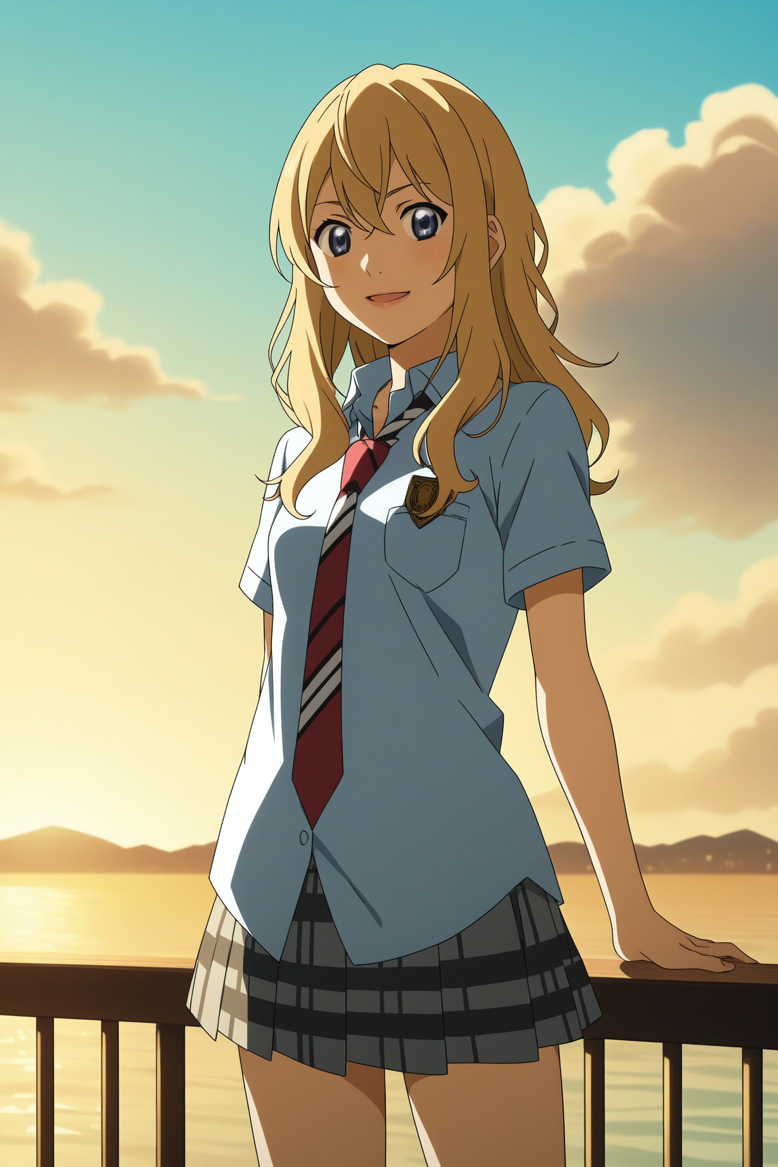 A girl with long blonde hair and blue eyes. She is wearing a light blue button-up shirt, red striped tie, and a pleated gray skirt. She is leaning against a railing, with a sunlit lake and mountains in the background. 