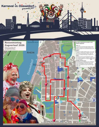 Karte mit Verlauf des Rosenmontagszugs am 16.02.26