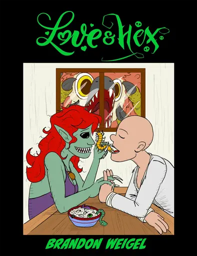 The cover of Love and Hex Volume 1, depicting Kayra feeding Singing Cricket a centipede, with Charlie in the background, his face pressed against the window.