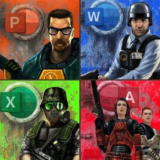 Cover arts of Half-Life, Blue Shift, Opposing Force, and Decay, but the Half-Life logos are replaced with PowerPoint, Word, Excel, and Access, respectively
