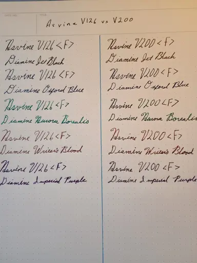Sheet with Writing samples of Asvine V126 vs V200 pens side-by-side
