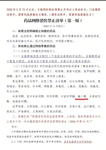2026年5月15日以后，互联网医院医师禁止开具以上药品处方。门店销售过程中，需要纸质版处方销售。（销售过程中，需留存纸质版处方）

药品网络销售禁止清单（第一版）
（2022年11月制定）

一、政策法规明确禁止销售的药品
疫苗、血液制品、麻醉药品、精神药品、医疗用毒性药品、放射性药品、药品类易制毒化学品；医疗机构制剂、中药配方颗粒。

二、其他禁止通过网络零售的药品
（一）注射剂（降糖类药物除外）。
（二）含麻黄碱类复方制剂（不包括含麻黄的中成药）、含麻醉药品口服复方制剂、含曲马多口服复方制剂、右美沙芬口服单方制剂。
（三）《兴奋剂目录》所列的蛋白同化制剂和肽类激素（胰岛素除外）。
（四）地高辛、丙吡胺、奎尼丁、咪唑嗪、普鲁卡因胺、普罗帕酮、胺碘酮、奎宁、氨茶碱、胆茶碱、异丙肾上腺素；
苯妥英钠、卡马西平、拉莫三嗪、水合氯醛、达比加群酯、华法林、替格瑞洛、西洛他唑、扑米酮、碳酸锂、异氟烷、七氟烷、恩氟烷、地氟烷、秋水仙碱；
米非司酮、复方米非司酮、环丙孕酮、卡前列甲酯、雌二醇、米索前列醇、地诺前列酮；
法罗培南、夫西地酸、伏立康唑、利奈唑胺、奈诺沙星、泊沙康唑、头孢地尼、伊曲康唑、左奥硝唑、头孢泊肟酯。

三、普瑞巴林
“根据国家药品监督管理局、公安部、国家禁毒委员会办公室关于进一步加强普瑞巴林等药品管理的通告（2026年第11号）”

备注：

    中药配方颗粒是指由单味中药饮片经水提、分离、浓缩、干燥、制粒而成的颗粒，须在中医药理论指导下，按照中医临床处方调配后，供患者冲服使用。

    二（四）所列品种为通用名，限于单方制剂，其中抗菌药不含外用剂型。