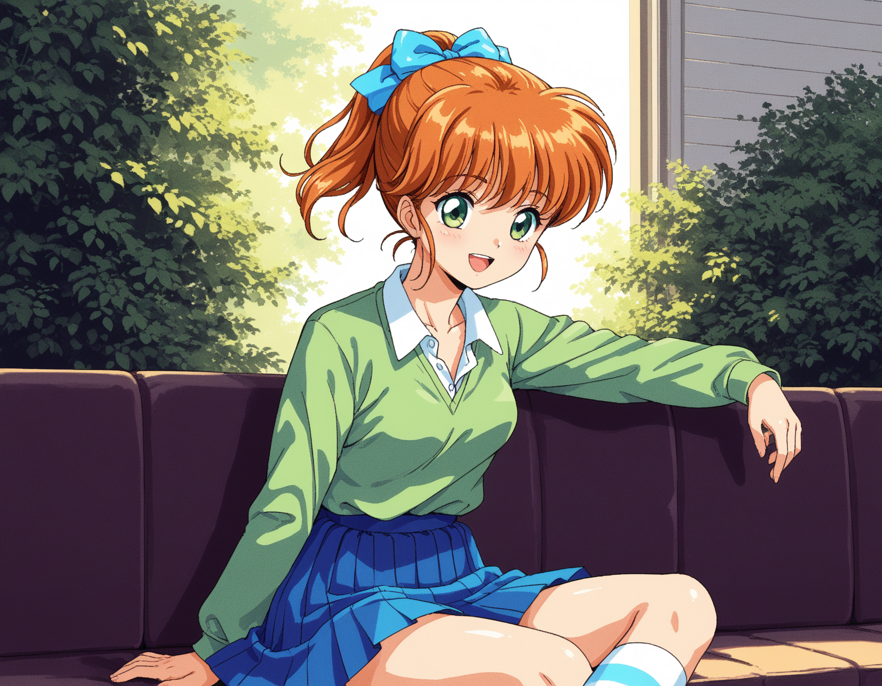 A girl with light brown hair tied in a ponytail with a blue bow, green eyes, and a cheerful smile. She's wearing a green sweater, white blouse, and a pleated blue skirt. She is seated on a brown couch, with a gray wall and green bushes behind it. 