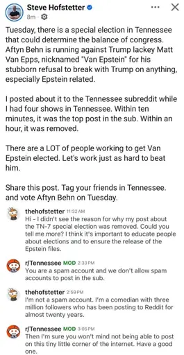 A screenshot of a poster on Reddit /r/Tennessee trying to post about the election, and a mod removing the post while not really pretending there's a good reason to remove it