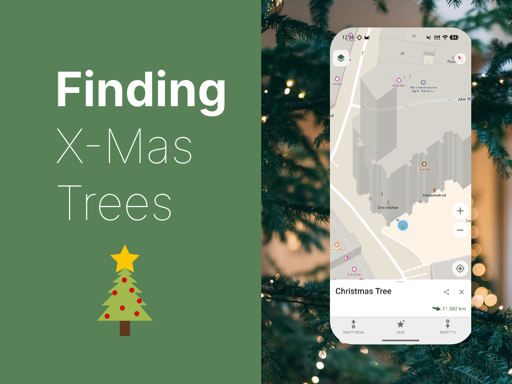 A sharepic that has a screenshot of CoMaps, showing a christmas tree in front of a church. Left of that a text reads "Finding X-Mas Trees" with a larger version of the tree icon