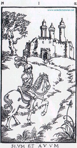 horseman riding up a path towards the gate of a castle wtith three tourrets, holding his right index finger over his mouth as to signal silence to the viewer.