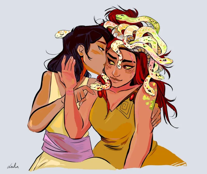 Drawing of a woman in yellow ancient greek dress kissing Medusa on her right ear while holding her. With her other hand she's rubbing the chin of one of Medusa's hair snakes.