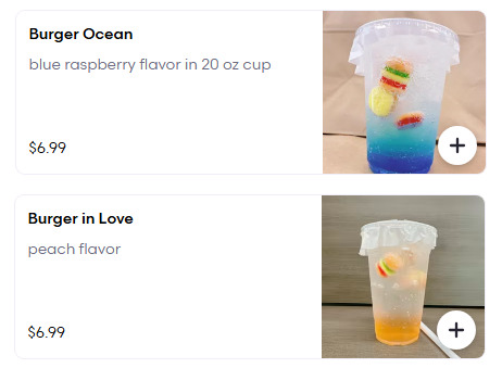 Two drinks called Burger Ocean and Burger in Love