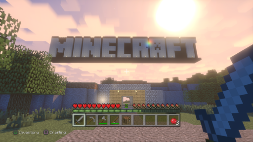 Minecraft: Legacy Console Edition's TU1 Tutorial world, looking at the giant MINECRAFT sign, with the Super Duper Vanilla shaderpack enabled.