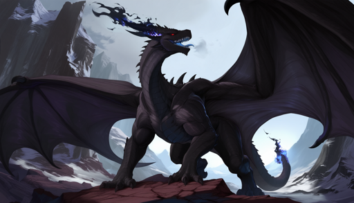 A black dragon stands atop a rocky outcrop in a mountainous landscape with its batlike wings outstretched, spanning across much of the frame. Its body is covered in dark scales with subtle purple-blue undertones, while sharp spines run along its back. The dragon's head features glowing red eyes, open jaws, and ethereal blue flames trailing from its horns and tail. The setting features snow-capped mountains shrouded in fog, contrasting with the dragon's dark and fiery elements.