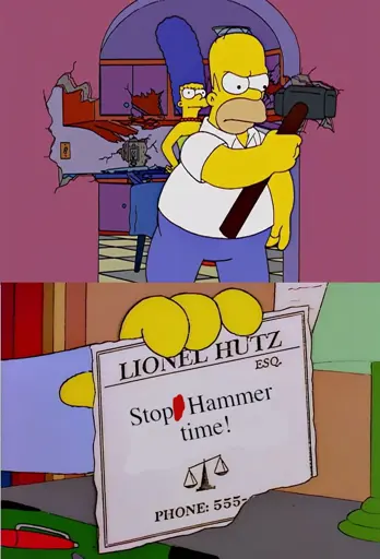 Top panel: Homer leaving the kitchen angrily, swinging a sledge hammer into the walls as he goes. Bottom panel: Lionel Hutz' corrected business card "Stop! Hammer time!" corrected to "Stop hammer time"