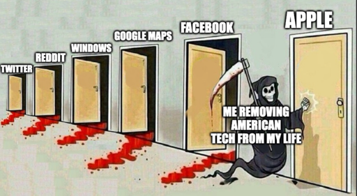 grim reaper knocking door meme "Twitter"  "Reddit" "Windows" "Google Maps" "Facebook" "Apple"