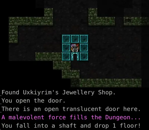 Screenshot of the game Dungeon Crawl Stone Soup. The player character has just walked onto the tile of an item shop. The tile was apparently trapped, so they fall into a shaft.