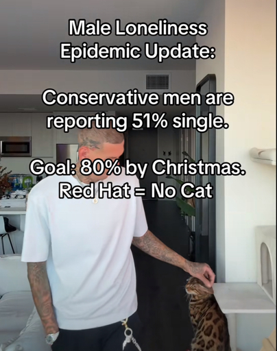 Male Loneliness
Epidemic Update:
Conservative men are reporting 51% single.
Goal: 80% by Christmas.
Red Hat = No Cat (TikTok screenshot)
