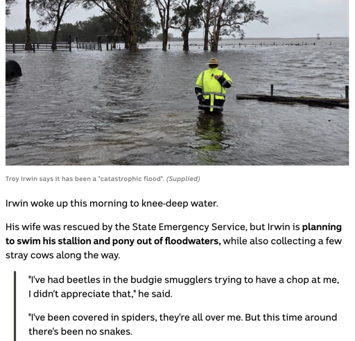 Photo of a farmer in flouro up to his balls in flood water, caption says: Troy Irwin says it has been a "catastrophic flood". (Supplied)  Irwin woke up this morning to knee-deep water.  His wife was rescued by the State Emergency Service, but Irwin is planning to swim his stallion and pony out of floodwaters, while also collecting a few stray cows along the way.      "I've had beetles in the budgie smugglers trying to have a chop at me, I didn't appreciate that," he said.      "I've been covered in spiders, they're all over me. But this time around there's been no snakes.