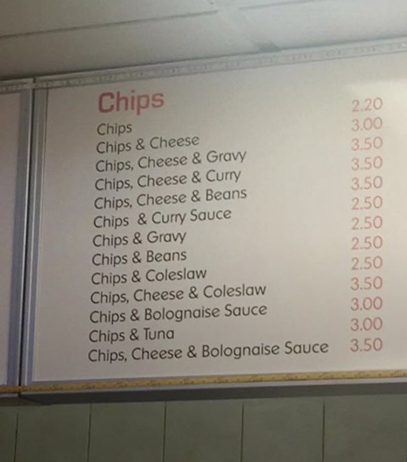 A menu showing chips servered with various things, such as beans, cheese and bolognaise sauce.