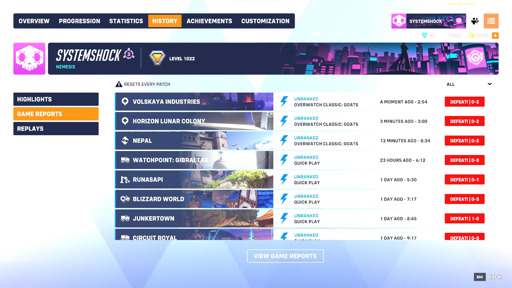 Image showing list of Overwatch 2 match history with nothing but defeats as far as eyes can see.