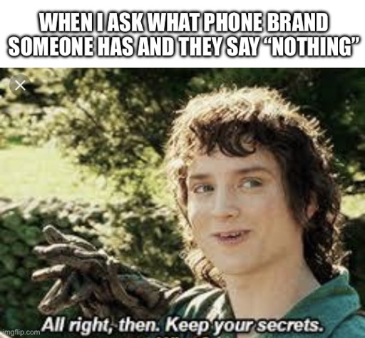 When I ask what phone brand someone has and they say “Nothing”. Below an image from lord of the rings where Frodo says: all right then. Keep your secrets