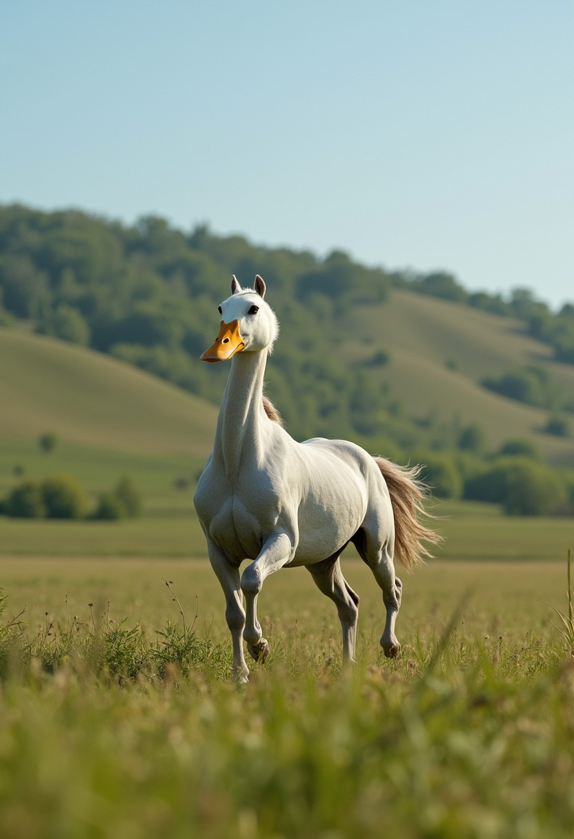 A white creature with the body of a horse and the head and bill of a duck cantering through a field. The background features gently rolling hills covered in trees under a clear blue daytime sky. 