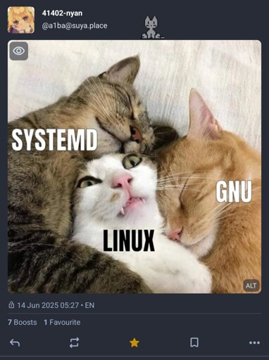 Systemd cat and GNU cat hugging a Linux cat.